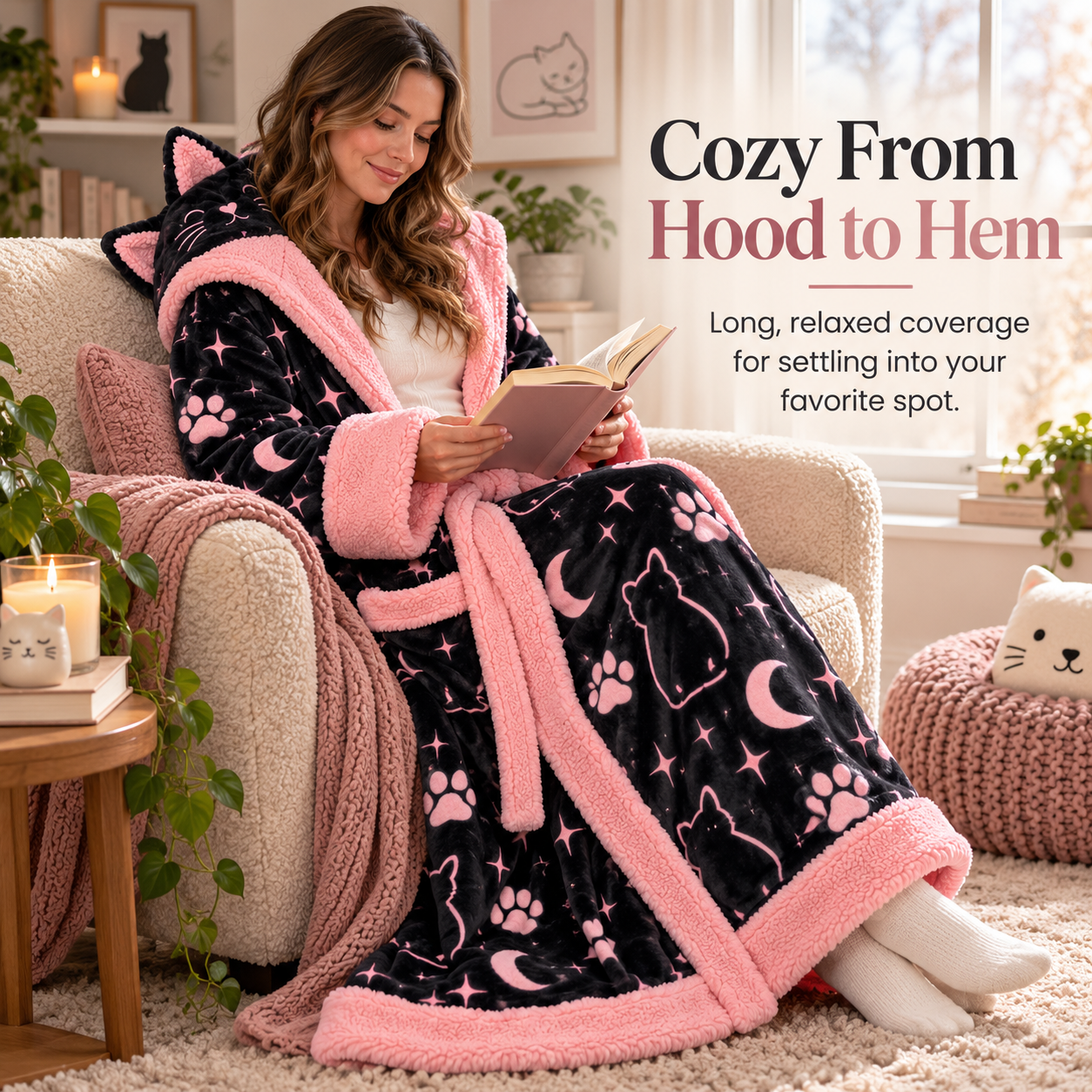 Woman reading a book in long black cat-print robe with pink plush trim