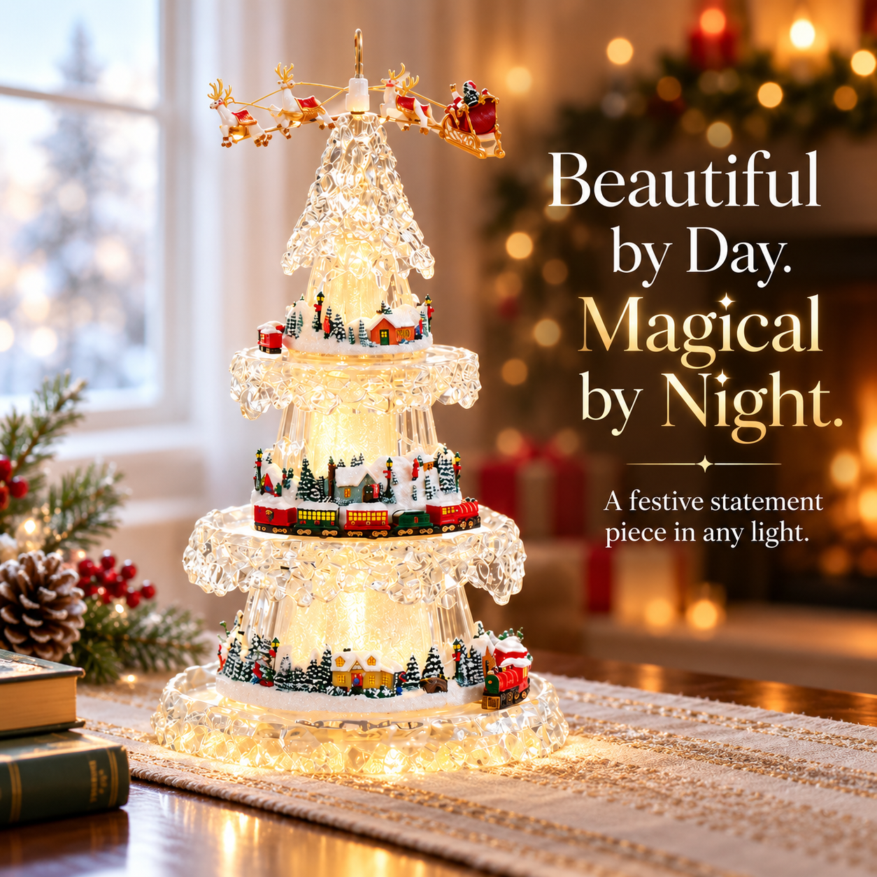Illuminated Christmas tree decoration displayed near winter window with warm holiday lights
