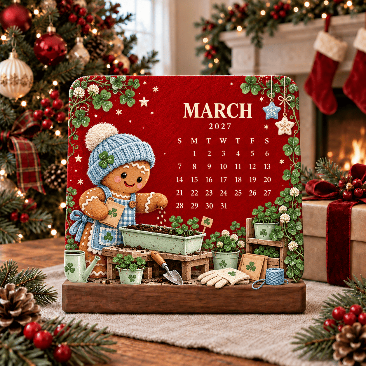 March 2027 gingerbread character tending clover plants