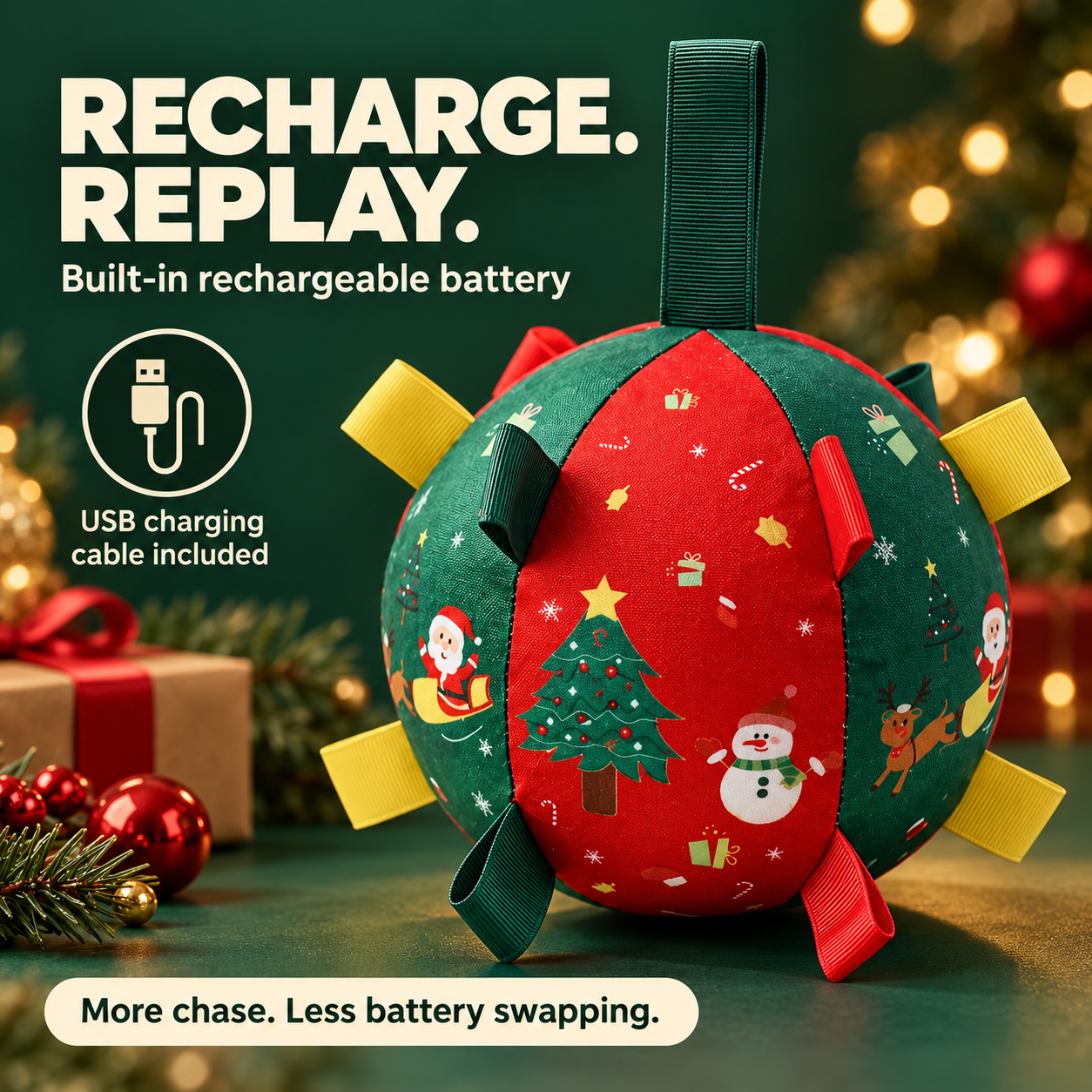 Christmas bounce ball rechargeable battery feature with USB charging cable included