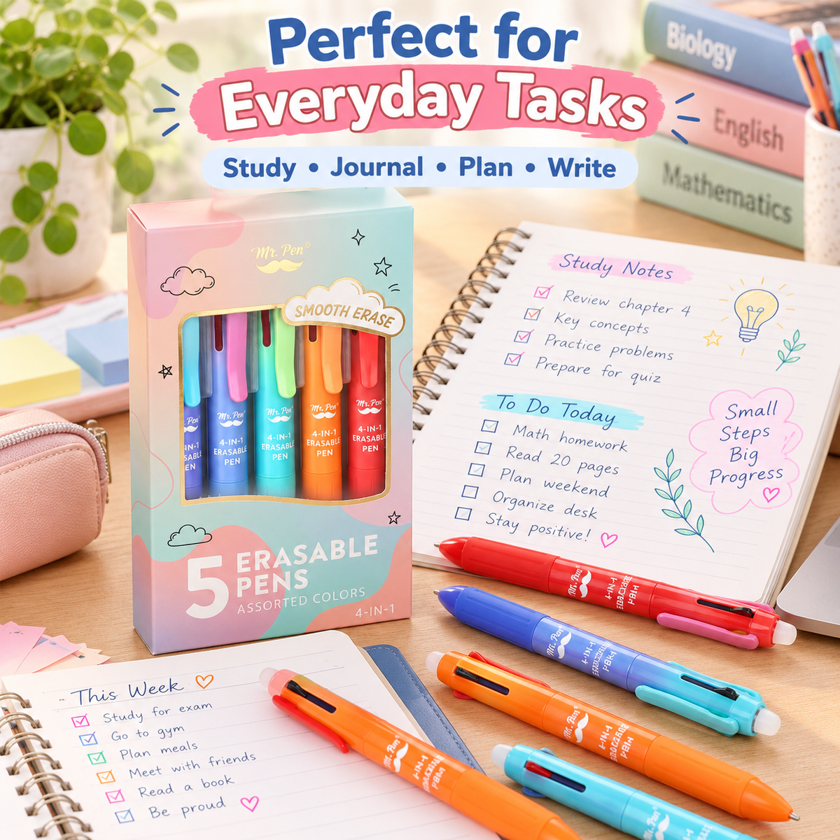 🎨Mr. Pen- Erasable Multicolor Pen, 4-in-1, 5 Pack, Colorful Ink