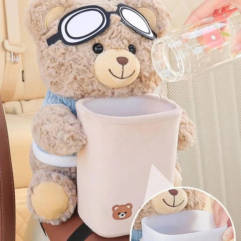 Removable plastic cup inside plush bear car organizer