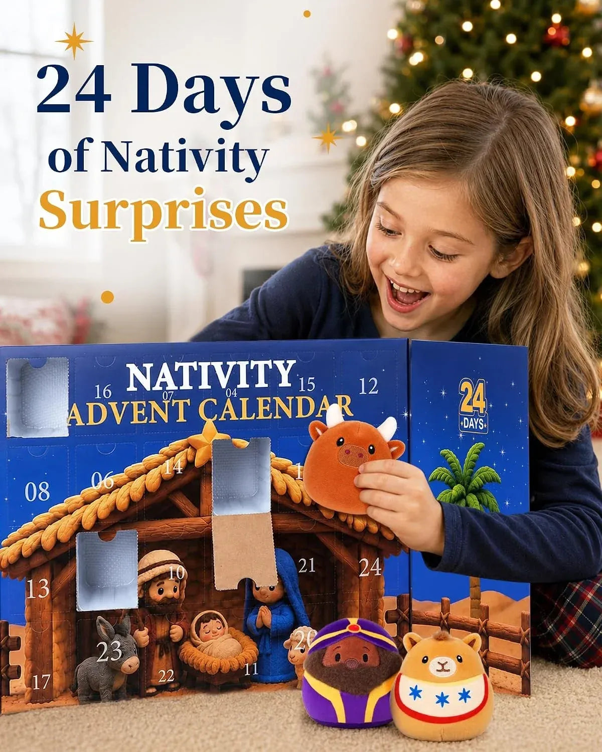 Child discovering a Nativity plush surprise from the Advent calendar