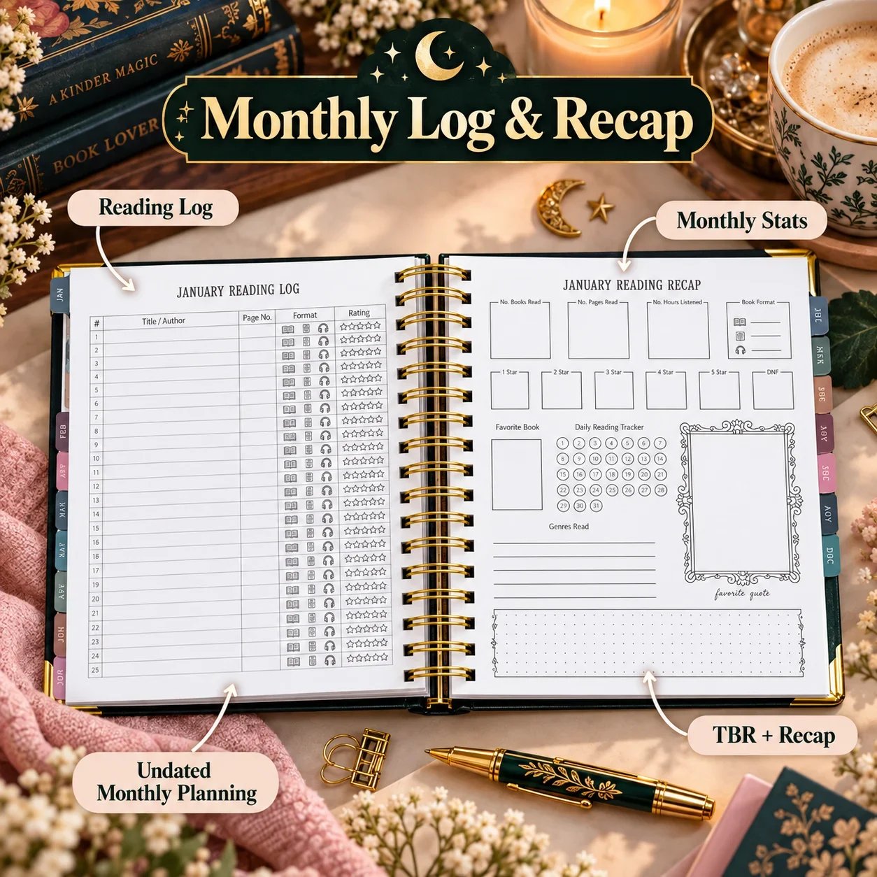 Midnight Study monthly reading log and recap pages with book ratings and statistics