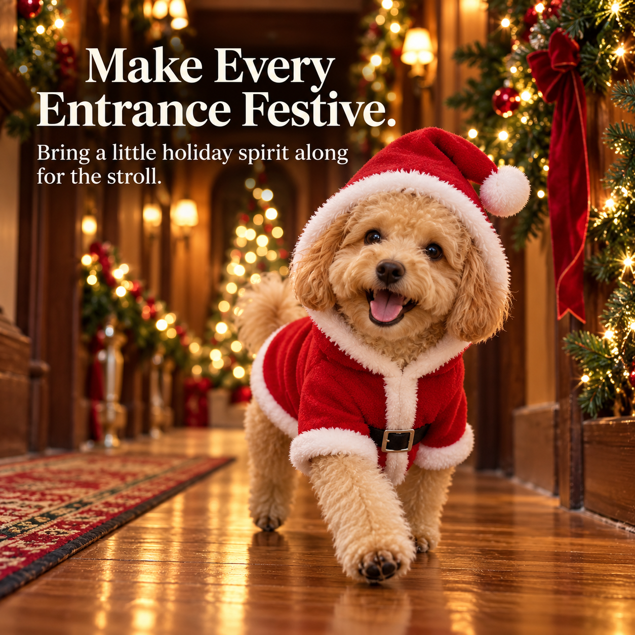 Small dog walking through a decorated Christmas home in a red Santa hoodie