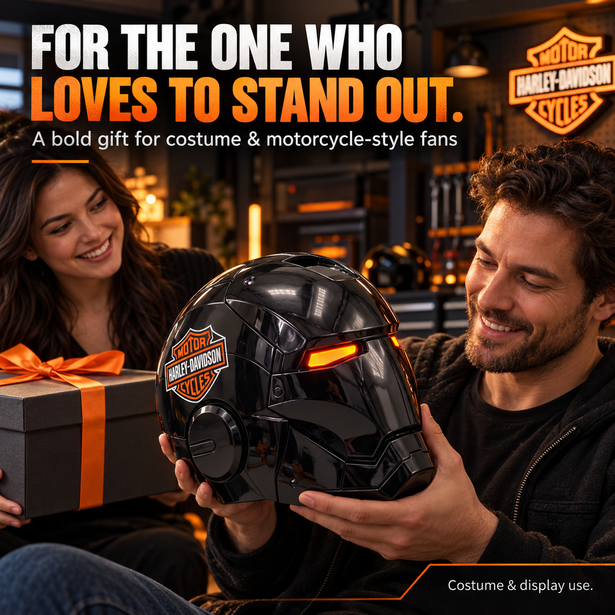 Voice-Controlled Armored Costume Helmet – Gloss Black with Amber LED Eyes & Opening Faceplate