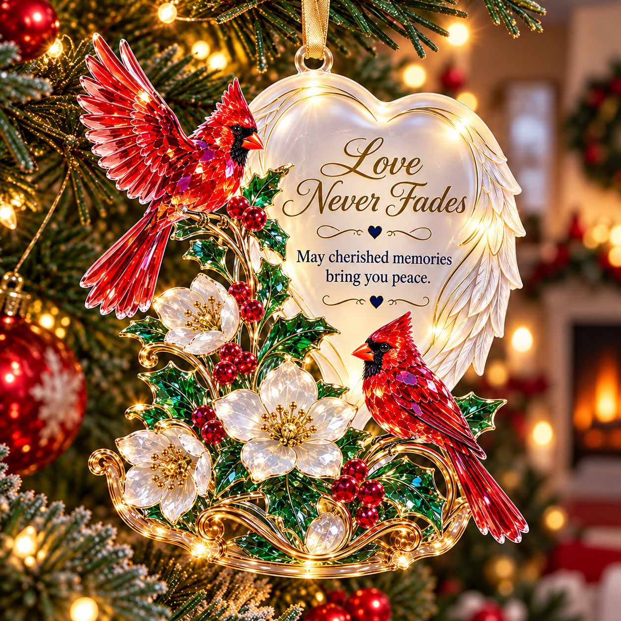 Love Never Fades angel wings heart ornament with red cardinals and white flowers