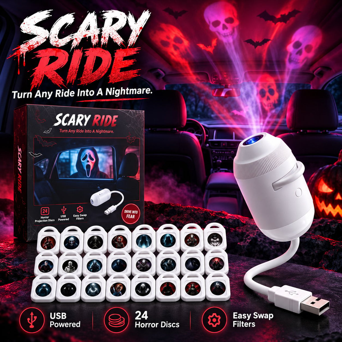 Product overview showing the white USB horror projector and its set of interchangeable discs.