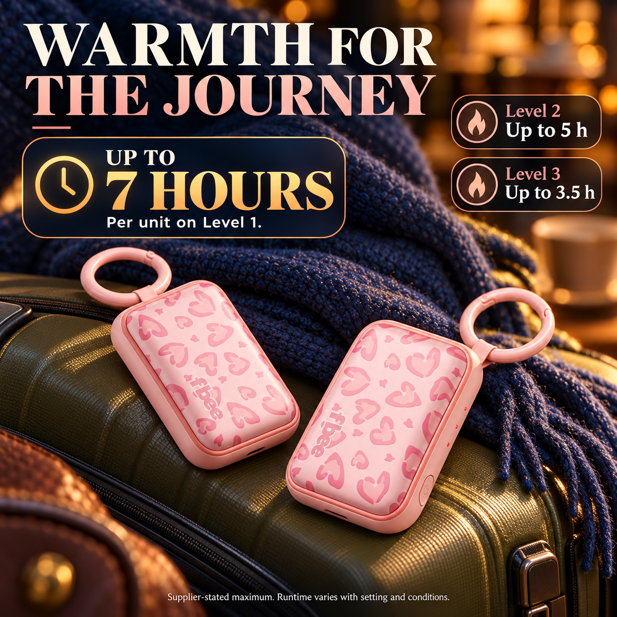 Supplier-stated hand warmer battery runtime up to 7 hours on level 1, 5 hours on level 2 and 3.5 hours on level 3