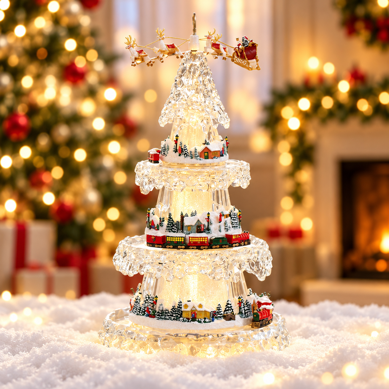 Illuminated tiered acrylic Christmas tree with miniature holiday village, moving train and Santa sleigh
