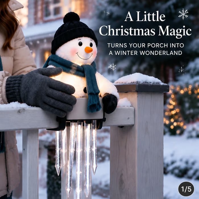 ⛄Lighted Snowman Railing Decoration with Hanging Icicle Lights