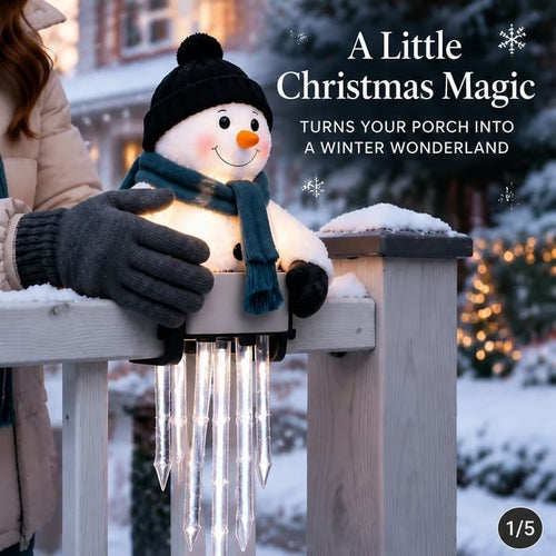 ⛄Lighted Snowman Railing Decoration with Hanging Icicle Lights
