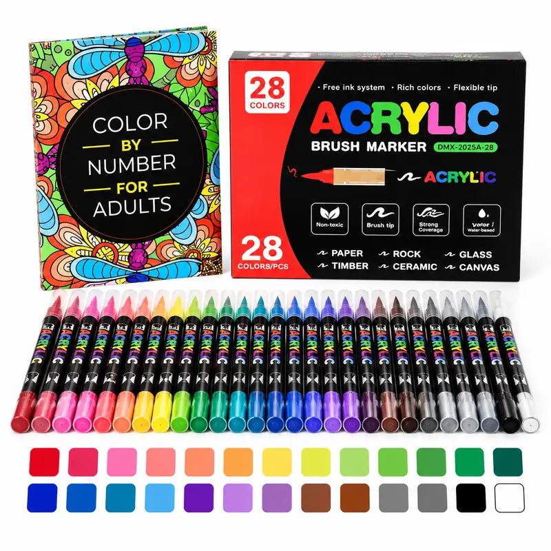 Upgraded Color by Number book and 28-color acrylic brush marker set