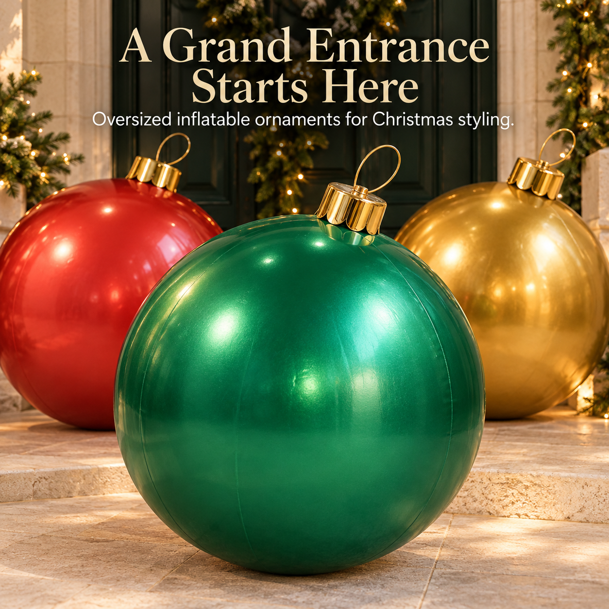 Giant red green and gold inflatable Christmas ornaments displayed on front porch steps