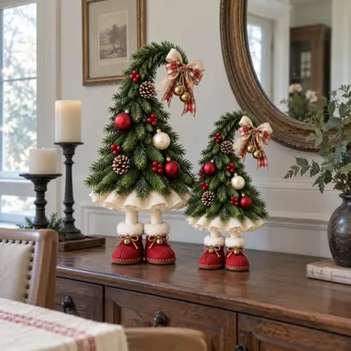 Two Christmas elf trees styled on a farmhouse entryway console