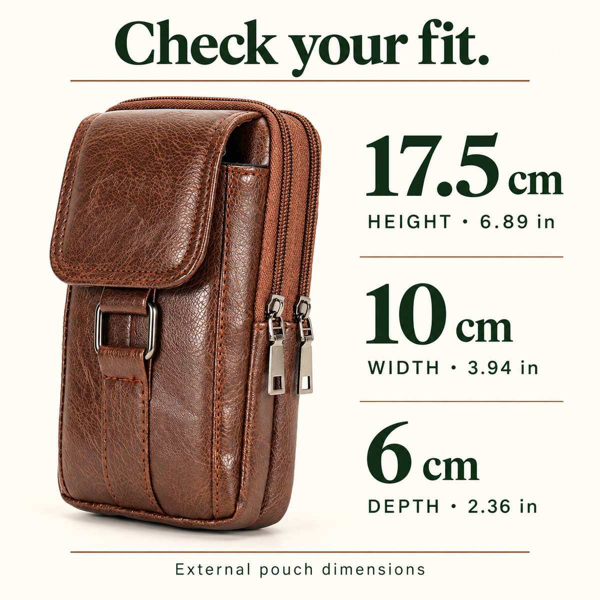 Brown belt phone pouch external dimensions 17.5 by 10 by 6 centimeters