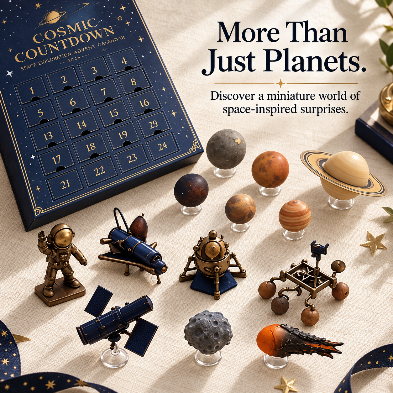 Space advent calendar with assortment of miniature planets astronaut figures satellites rockets and rover
