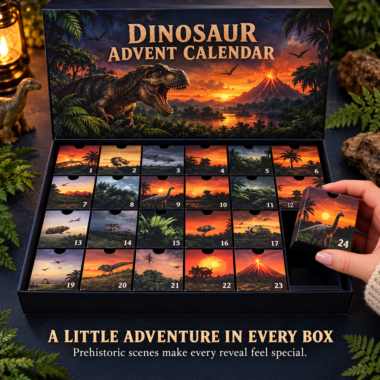 Open dinosaur advent calendar showing 24 illustrated boxes T-Rex and prehistoric volcano scene