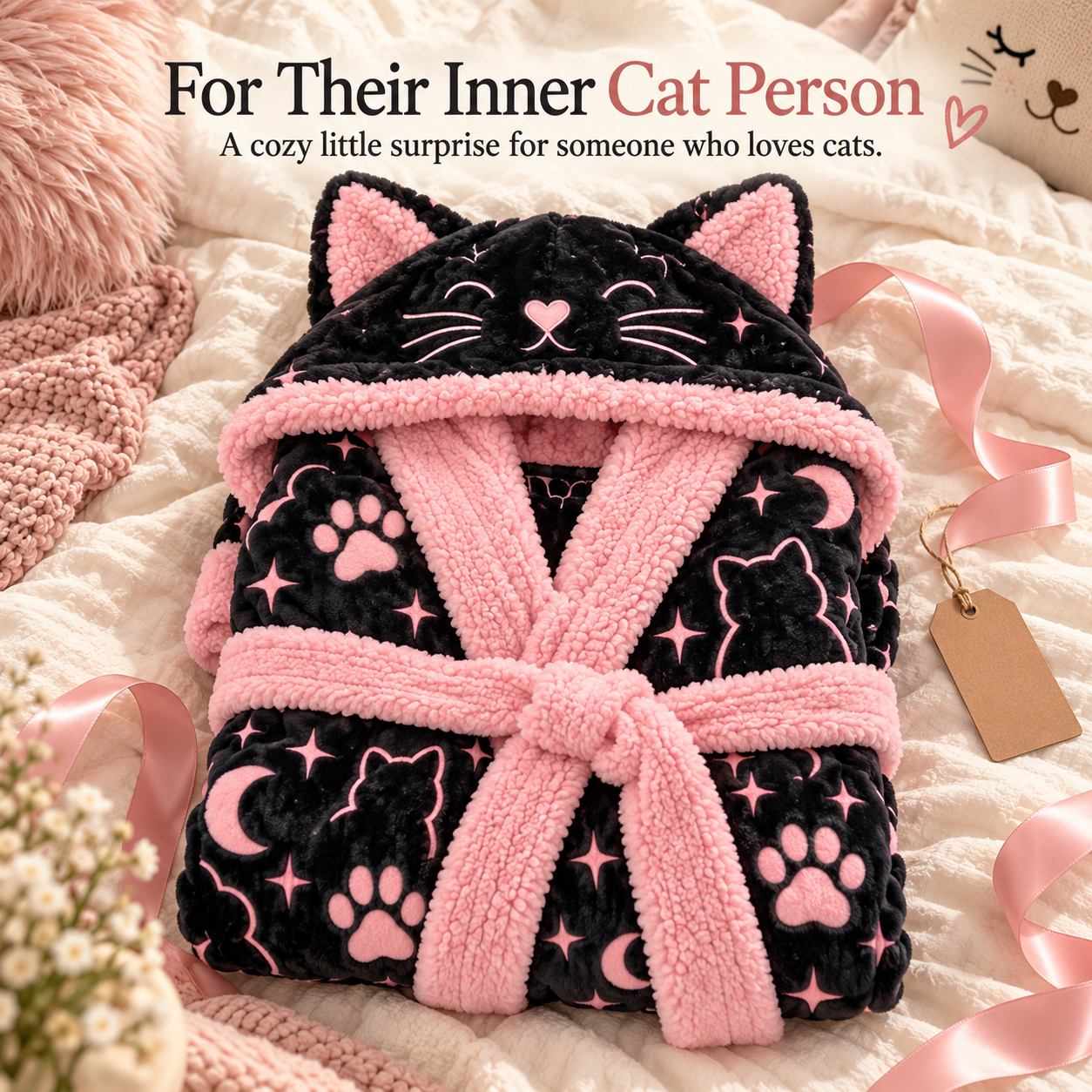 Folded black and pink cat hooded robe displayed with pink ribbon as gift