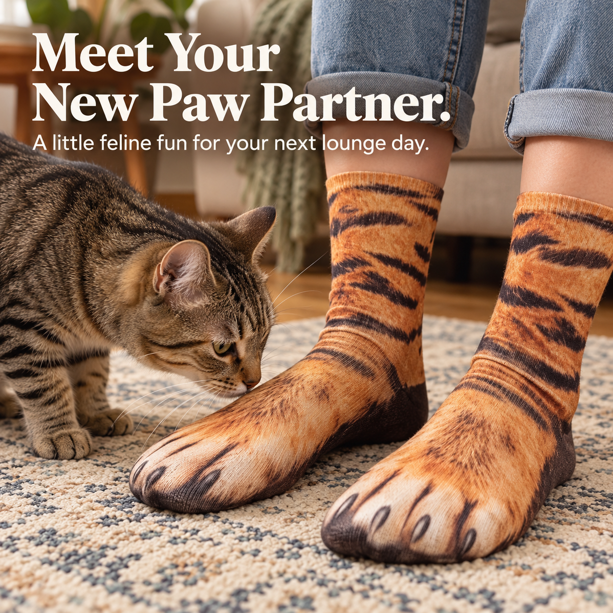 Orange cat paw socks worn while a real tabby cat investigates