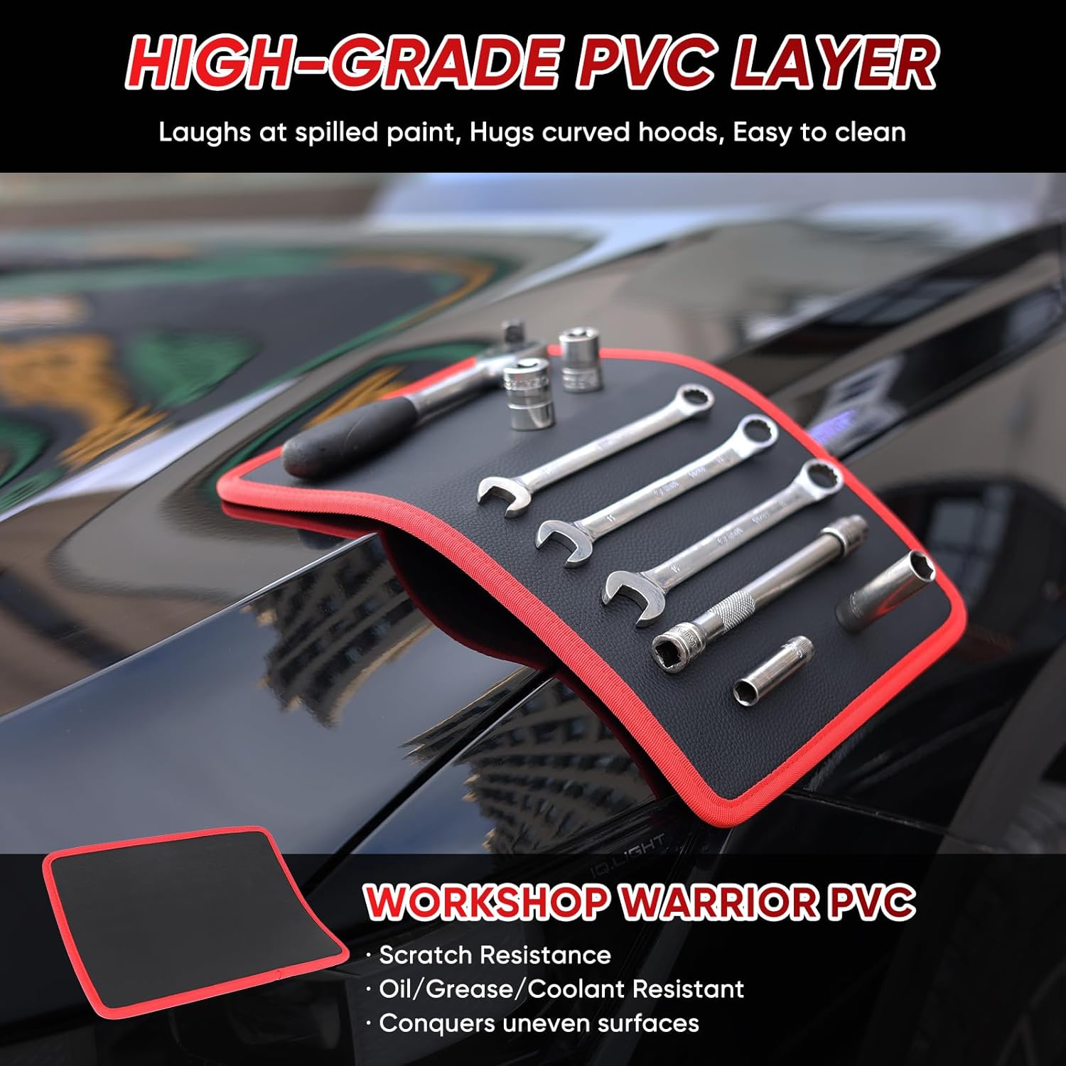Flexible PVC magnetic tool mat placed on a curved car hood