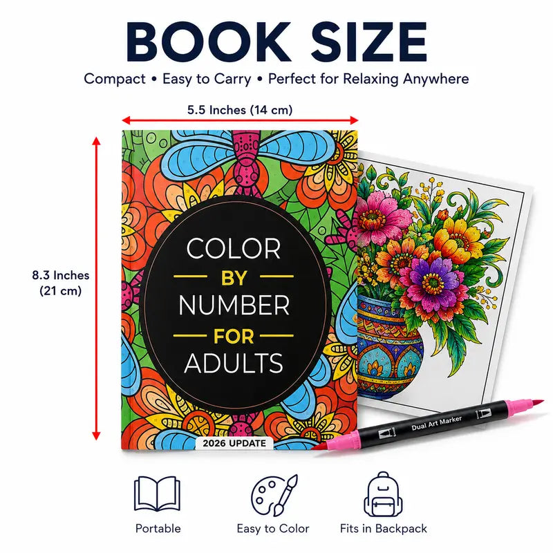 Color by Number book dimensions 5.5 by 8.3 inches
