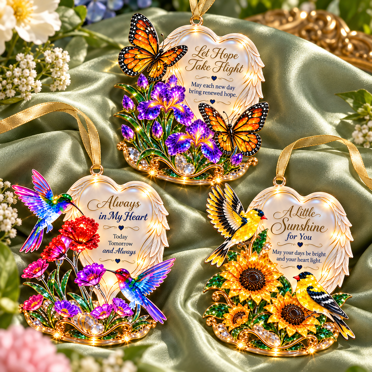 Three inspirational angel wings heart Christmas ornaments displayed together with gold ribbons
