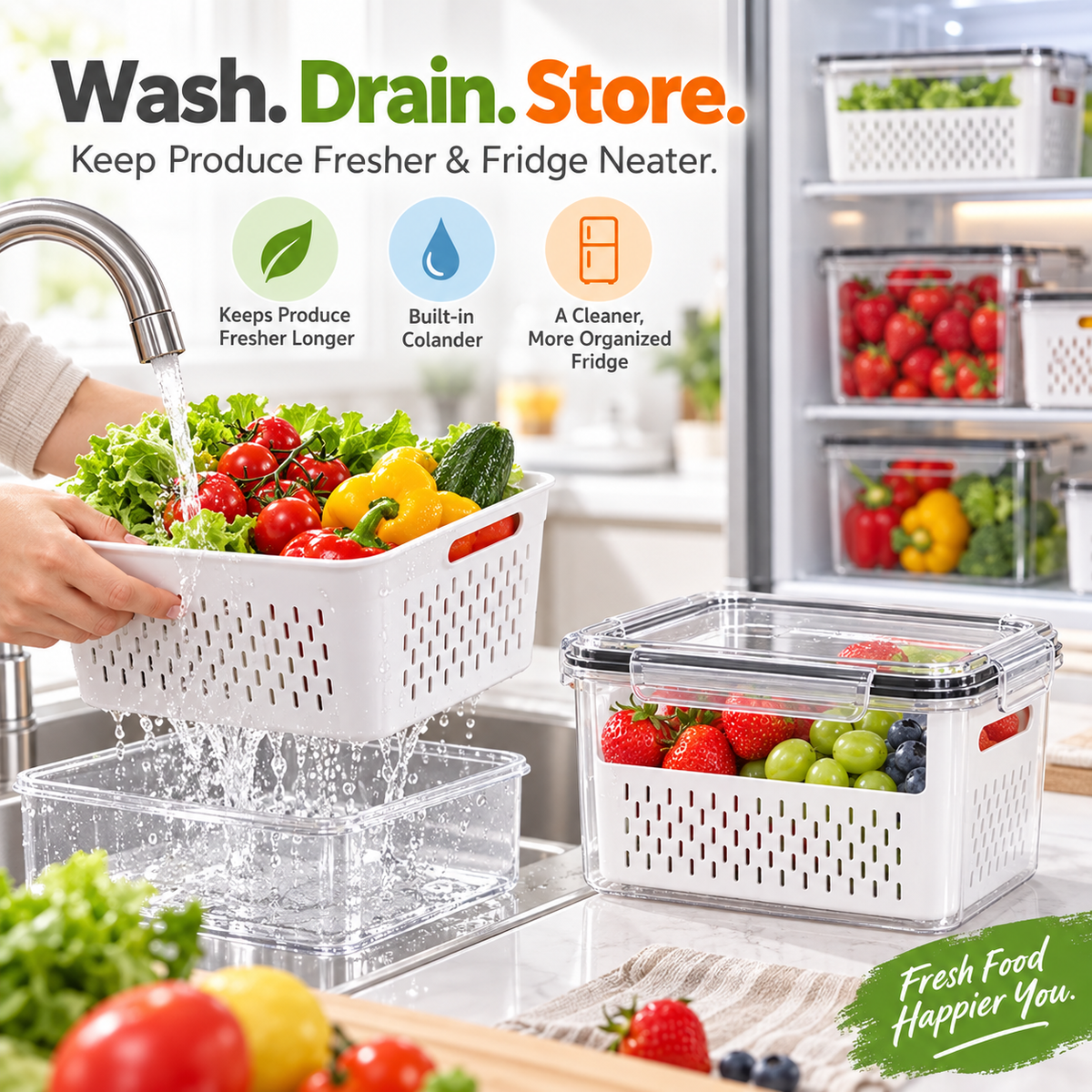 🥗 3PCS Stackable Fridge Produce Saver Containers with Removable Colander – Airtight Food Storage Boxes for Fruits, Vegetables & Meal Prep