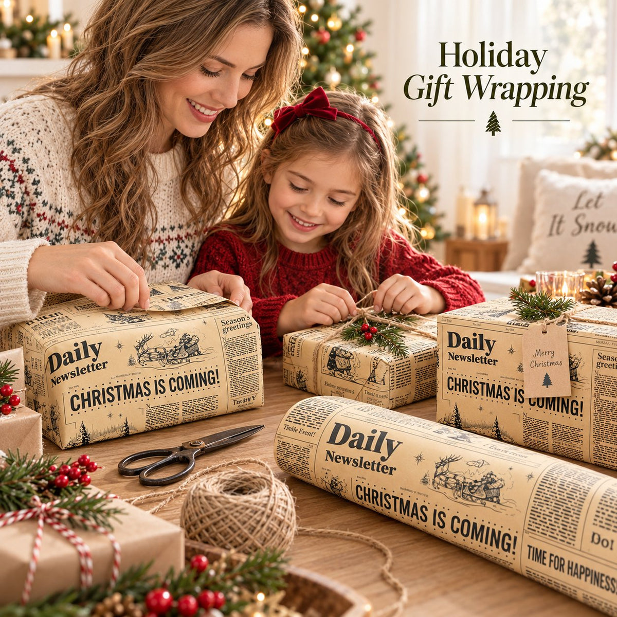 Family wrapping Christmas gifts with vintage kraft newspaper paper