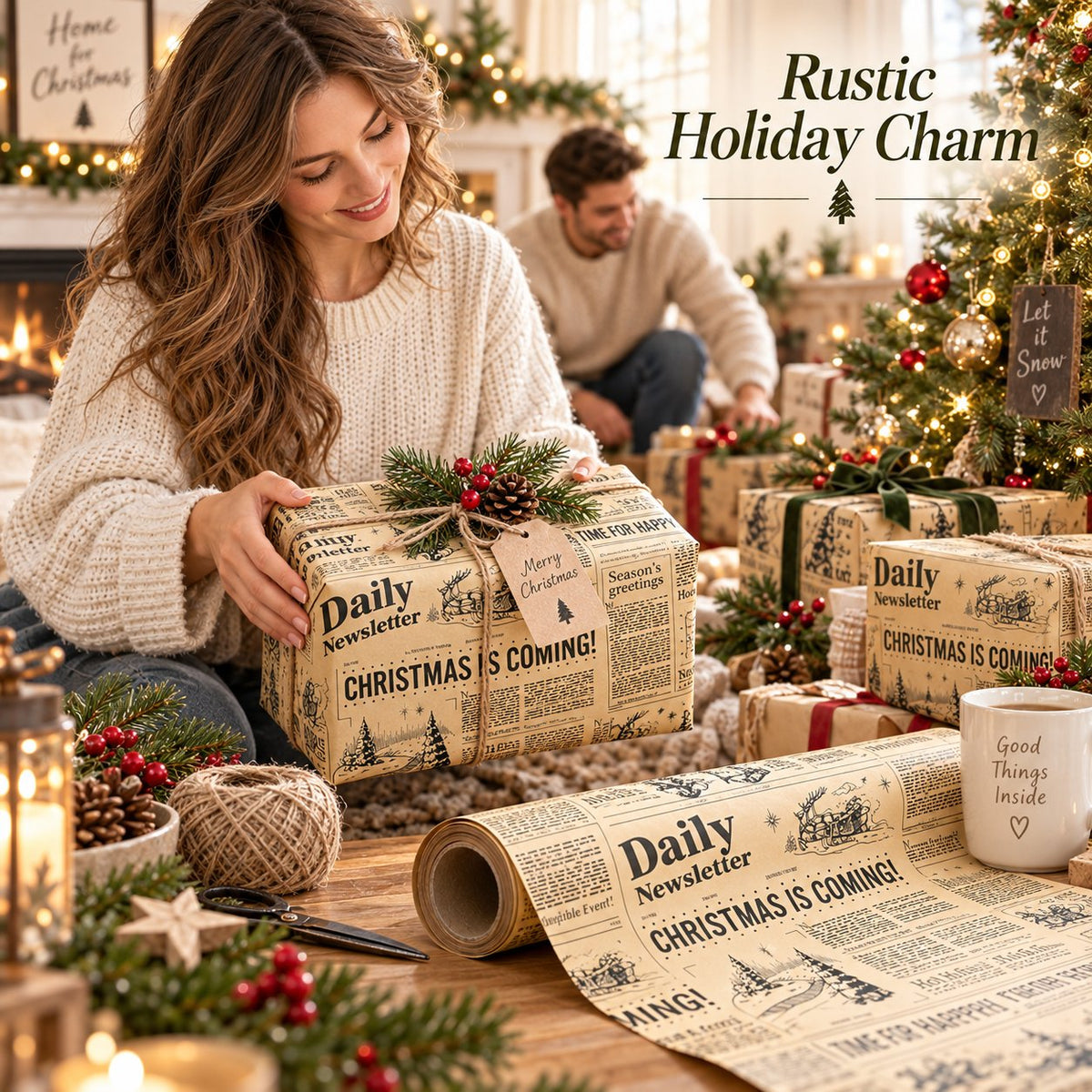 Rustic Christmas presents wrapped in vintage newspaper kraft paper