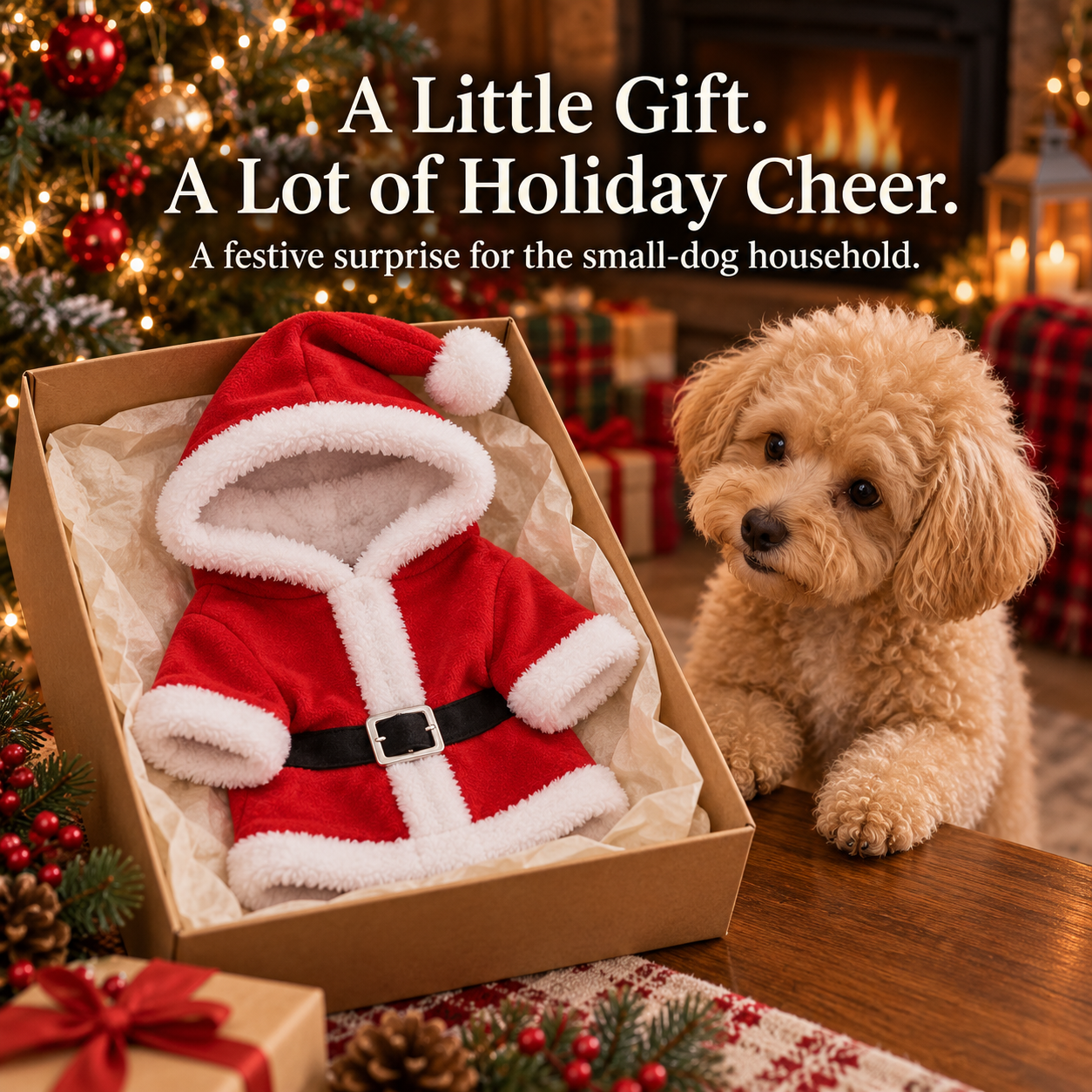 Red Santa dog hoodie presented in gift box beside small dog during Christmas