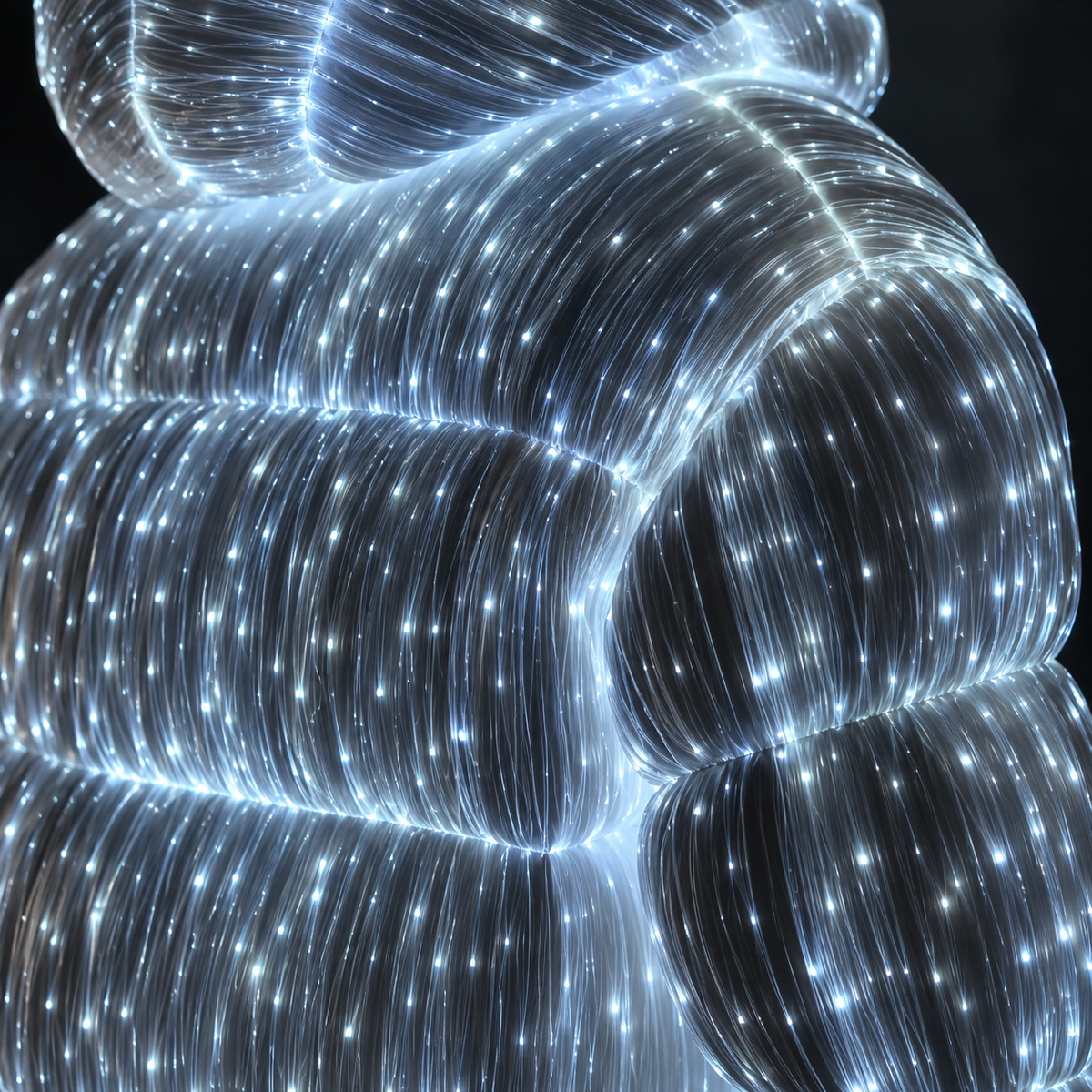 Close-up of LED fiber optic glowing material on puffer jacket