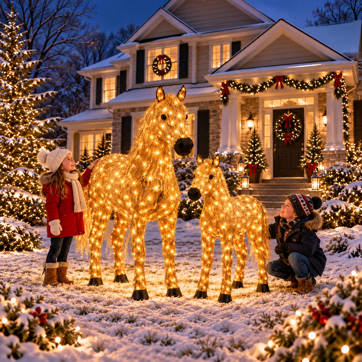 ✨ Light-Up Christmas Horse & Foal Set – Warm White LED Holiday Display