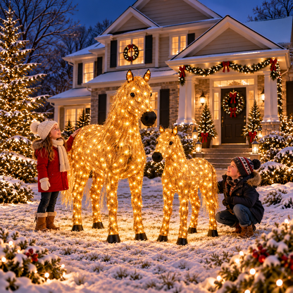 ✨ Light-Up Christmas Horse & Foal Set – Warm White LED Holiday Display
