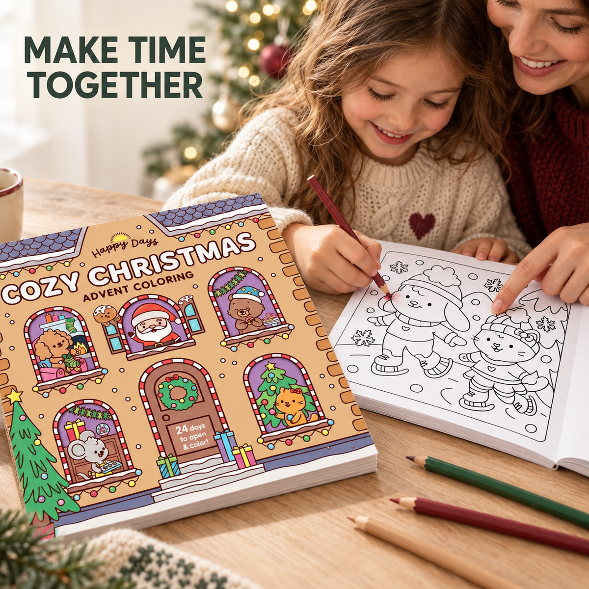 🎄Happy Days‑Cosy Christmas Advent Colouring Book | Hardback Edition | 24 Sealed Daily Surprise Sections | All‑Ages Screen‑Free Festive Activity