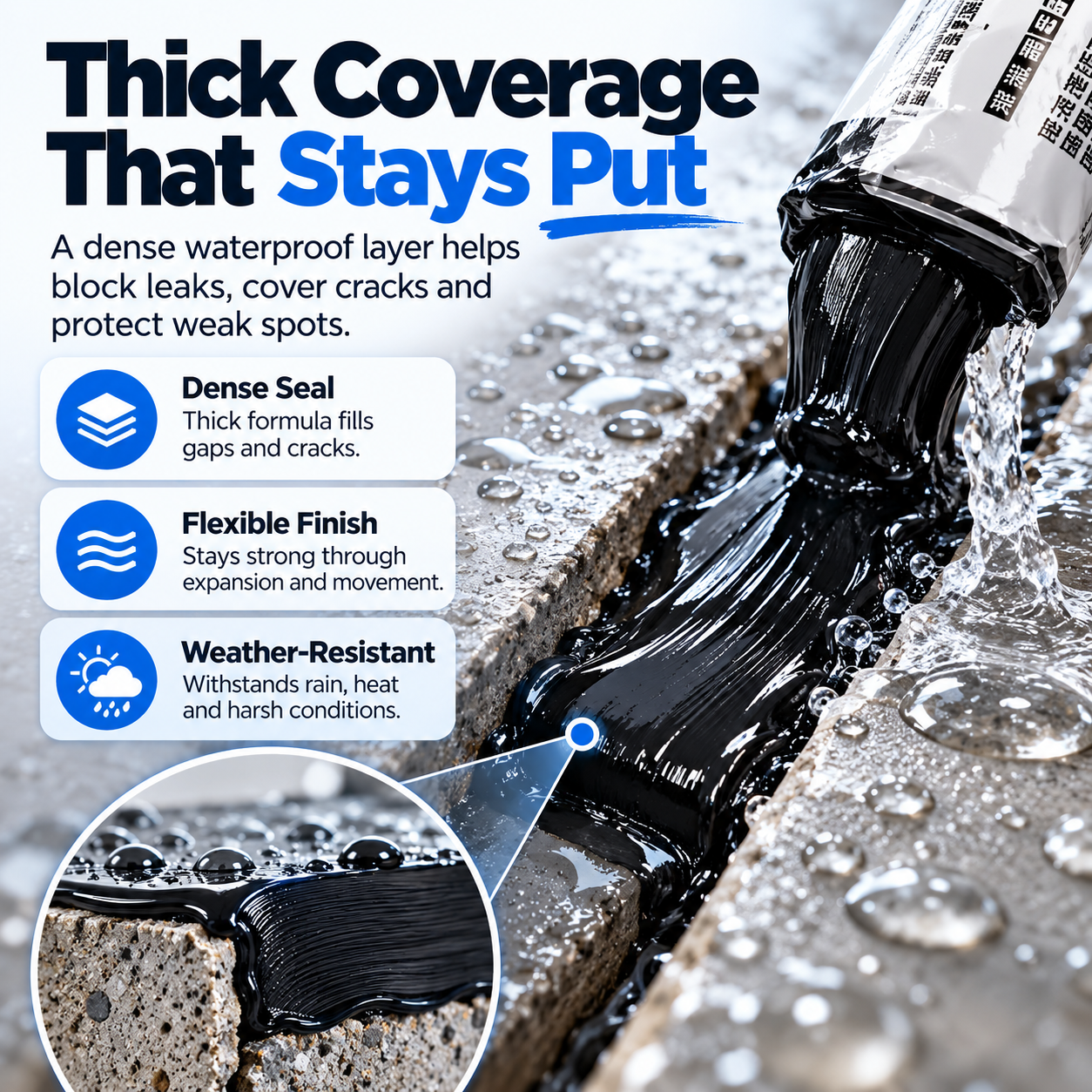 Close-up of thick black waterproof sealing paste filling a gap between concrete surfaces