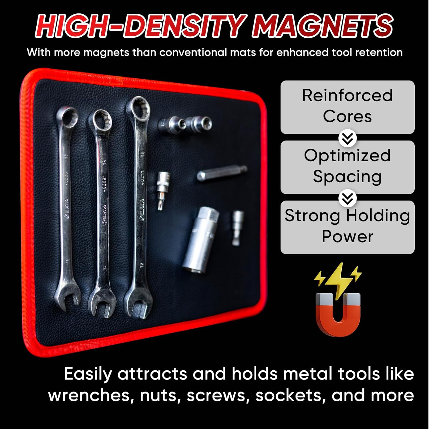 High-density magnetic tool mat holding steel tools