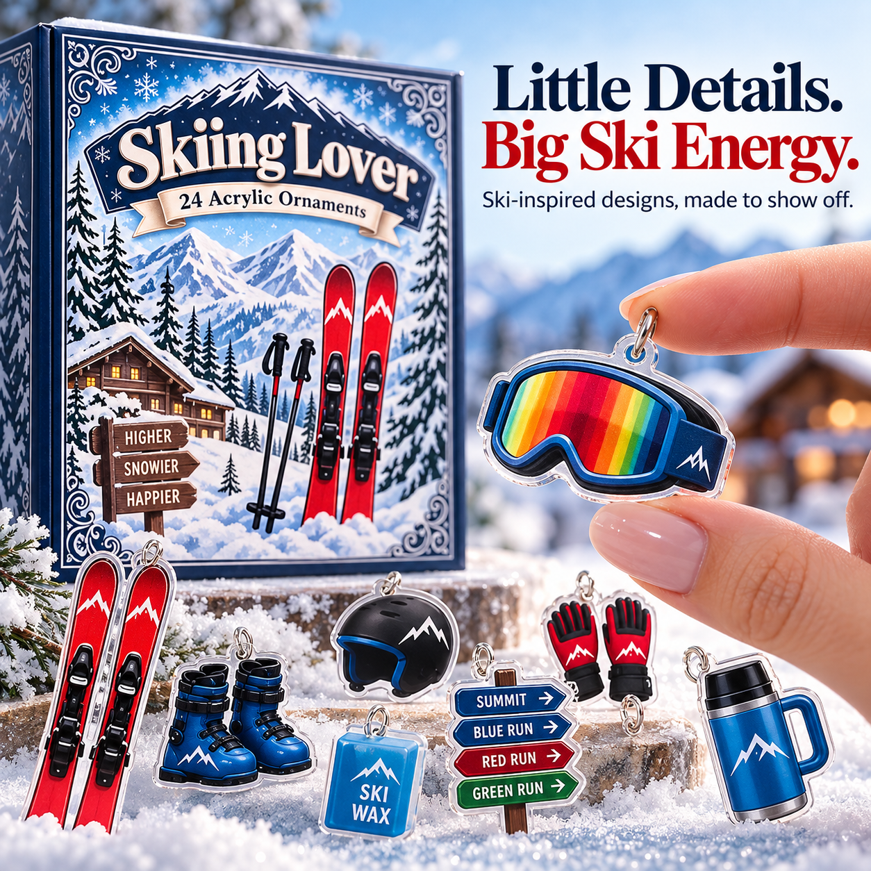 Close-up of ski ornament collection featuring goggles skis boots helmet gloves ski wax and thermos