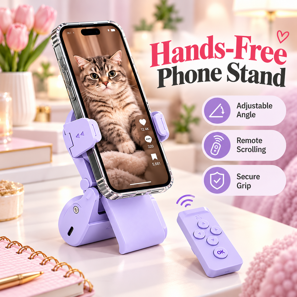 📱Hands-Free Phone Stand with Scroll Remote