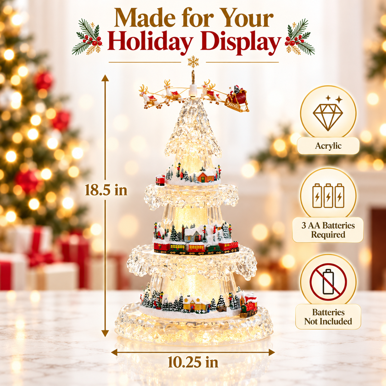 Product size diagram showing musical Christmas tree 18.5 inches high and 10.25 inches wide, acrylic material and three AA batteries required