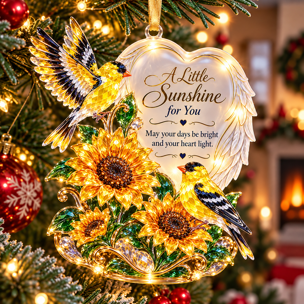 A Little Sunshine for You angel wings ornament with goldfinches and sunflowers