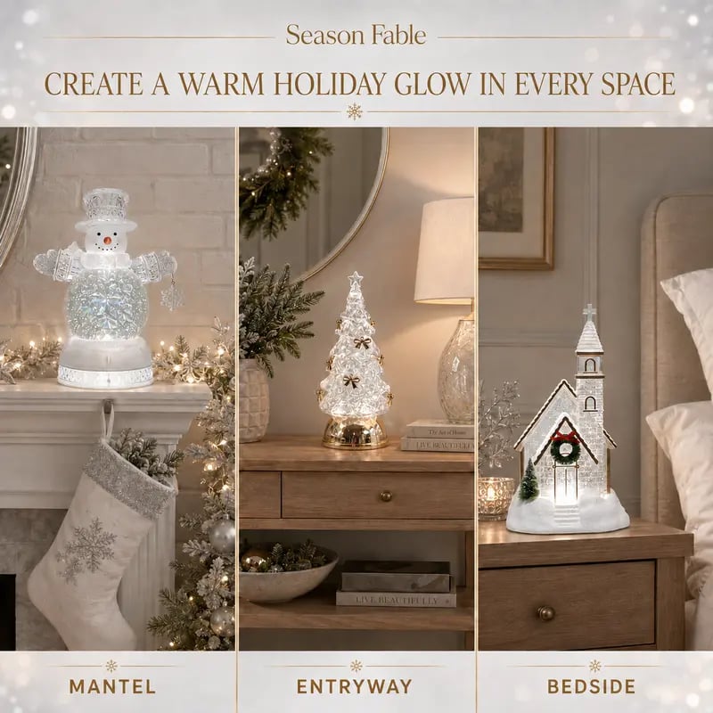 Illuminated Christmas snowman on mantel Christmas tree on entryway table and church on bedside table