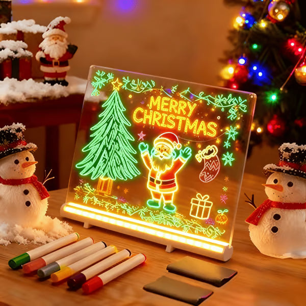 LED note board with glowing Merry Christmas drawing