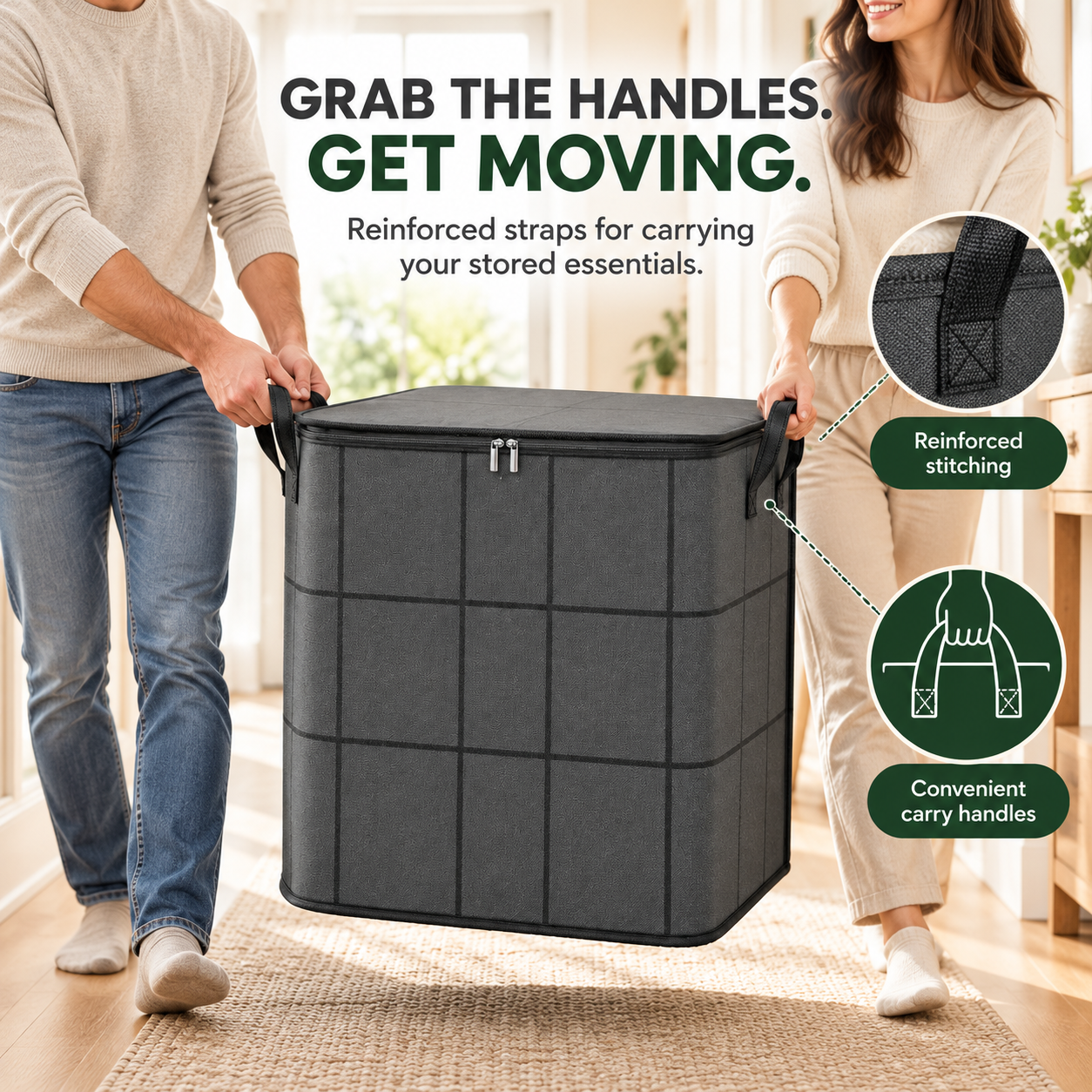 Reinforced carrying handles and stitching on large fabric storage bin