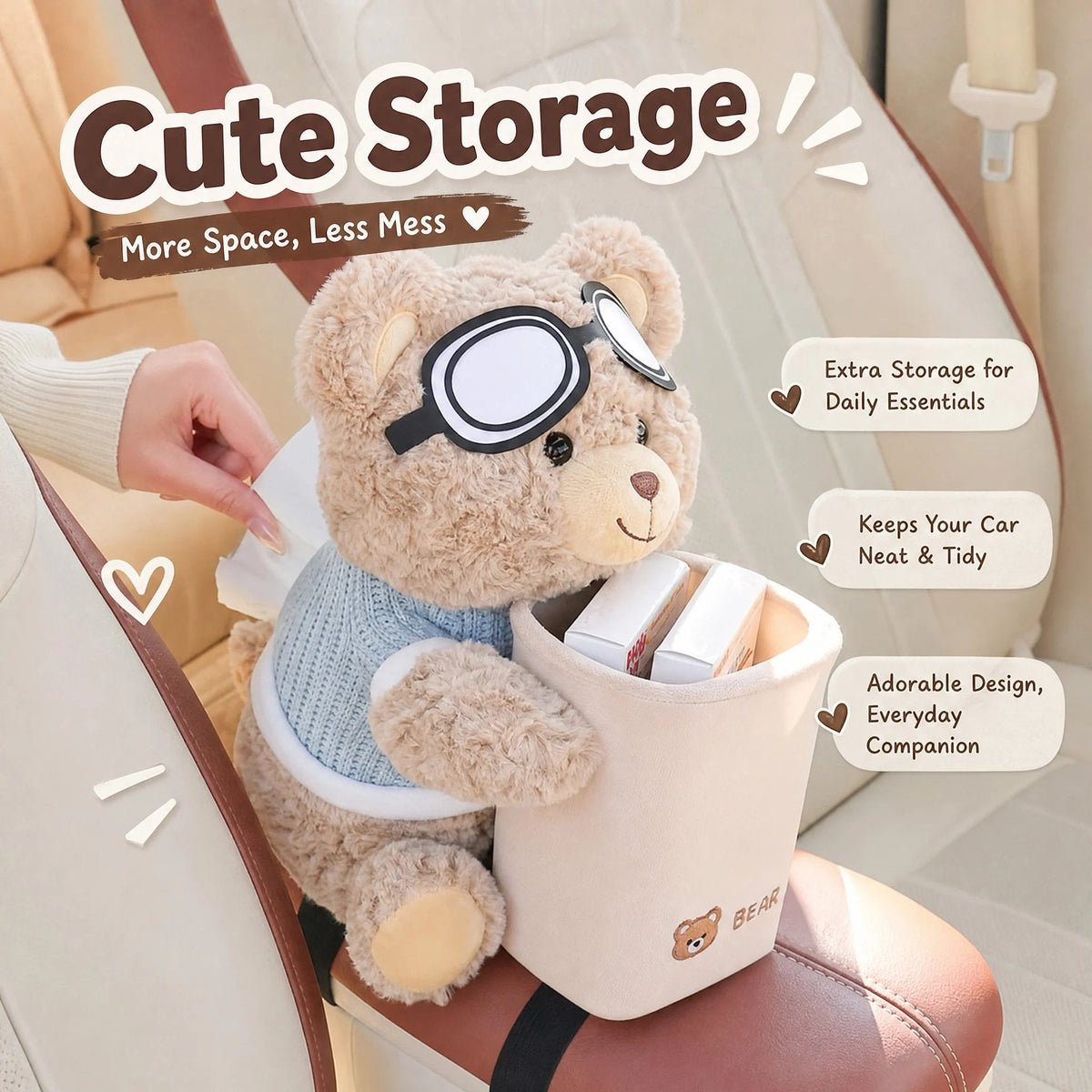 Cute bear organizer holding everyday car essentials