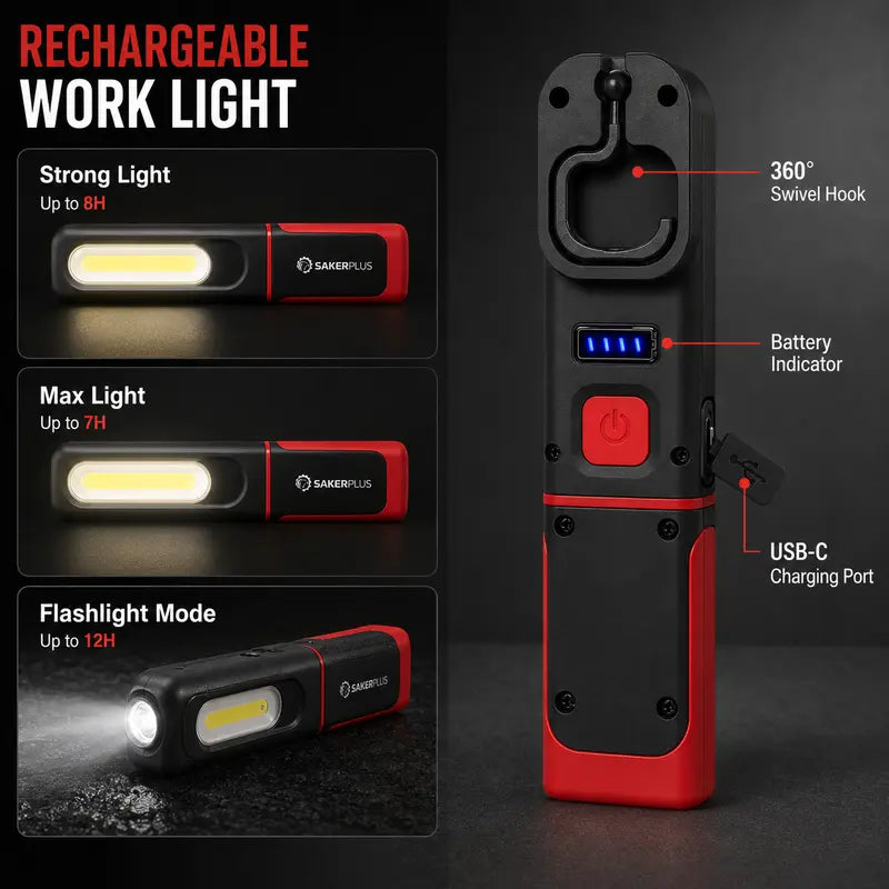 💡 Rechargeable COB Work Light | Magnetic Base, Hook & Stand