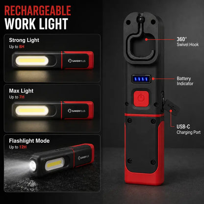 💡 Rechargeable COB Work Light | Magnetic Base, Hook & Stand