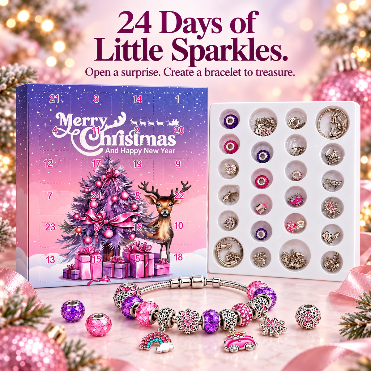 🎁✨24-Day Christmas DIY Craft Bead Charms Kit - Girls' Jewelry Gift Set