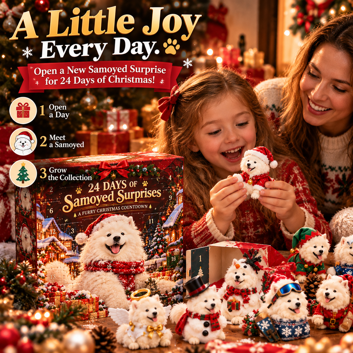 🐶🎄 24-Day Samoyed Christmas Countdown – Fluffy Mini Figurine Advent Collection