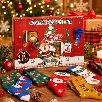 🎁🎄Christmas Sock Advent Calendar, 24-Day Countdown Gift Box with 12 Pairs of Festive Crew Socks